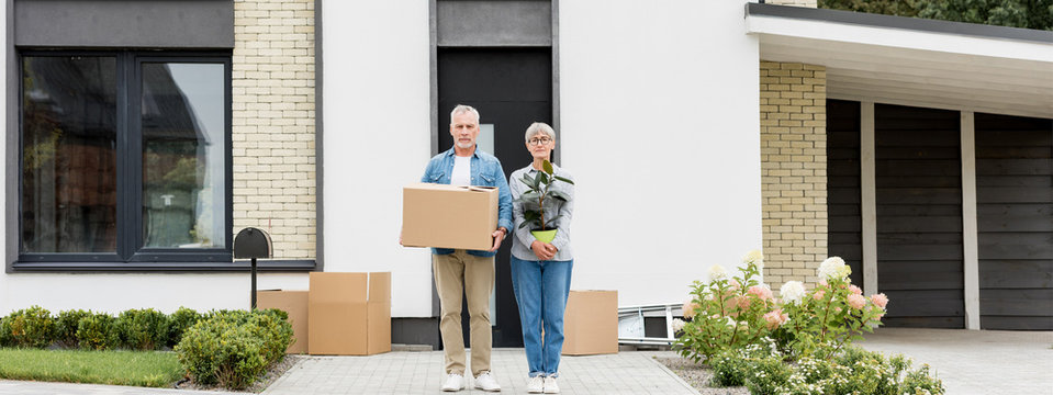 Panoramic Shot Of Mature Man Holding Box And Woman Holding Plant Near New House