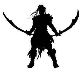 The silhouette of a mighty warrior with two curved swords, long hair fluttering in the wind, standing proudly at the ready with his weapon. 2D illustration.