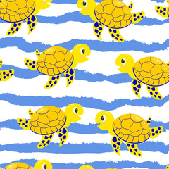 Cute, cartoon, yellow characters turtles vector seamless pattern with waves on white background. Concept for print, cards, wallpapers , wrapping paper 