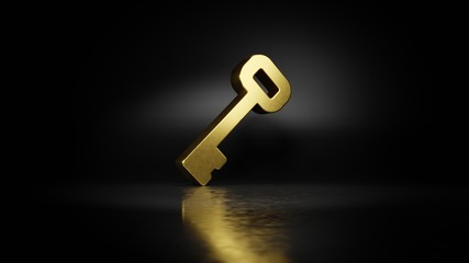 gold metal symbol of key 3D rendering with blurry reflection on floor with dark background