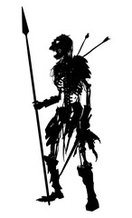 A black silhouette of a creepy skeleton in rags with exposed ribs and spine, long hair sticking out of the skull, with a spear and sword, and arrows in the back. 2D illustration.
