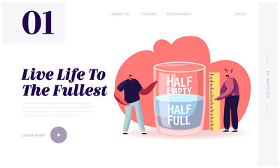 Optimist and Pessimist Website Landing Page. Men Stand at Huge Water Glass Discussing if it is Half Full or Empty Positive and Negative Thinking Web Page Banner. Cartoon Flat Vector Illustration