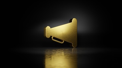 gold metal symbol of megaphone 3D rendering with blurry reflection on floor with dark background