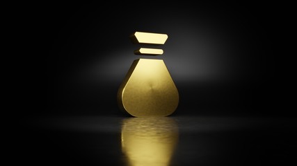 gold metal symbol of money bag  3D rendering with blurry reflection on floor with dark background