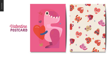 Fototapeta na wymiar Valentines postcards -Valentines day graphics. Modern flat vector concept illustration - greeting cards - dinosur holding a heart and pattern of happy heart characters