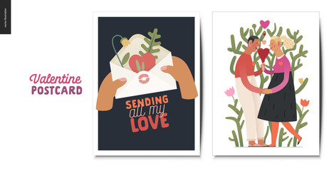 Valentines postcards -Valentines day graphics. Modern flat vector concept illustration - greeting cards - envelope with a heart, flower and plants inside. Young couple with heart shaped ice cream
