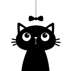 Cat head face looking at bow hanging on thread. Black silhouette sticker print. Cute cartoon funny character. Kawaii animal. Pet baby collection Kids greeting card. Flat design. White background.