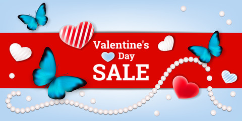 Valentine's Day sale. Discount banner on a sky blue background with realistic butterflies, hearts and pearls 3D. Vector illustration. Design for paper, brochures, banners. Stock.