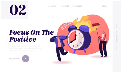Positive Negative Thinking Website Landing Page. Man Suffering of Deadline, Woman Getting Benefit from Situation Frying Sausage on Burning Alarm Clock Web Page Banner. Cartoon Flat Vector Illustration