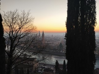 Sunset on Verona town from Castel San Pietro in Italy