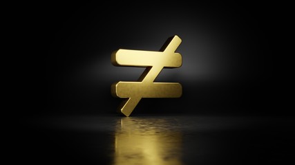 gold metal symbol of not equal 3D rendering with blurry reflection on floor with dark background