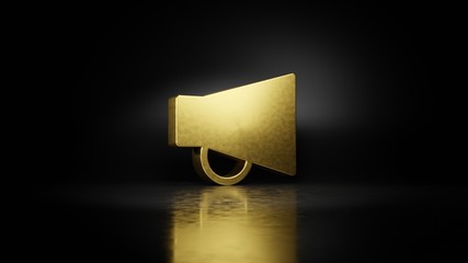 gold metal symbol of notification 3D rendering with blurry reflection on floor with dark background