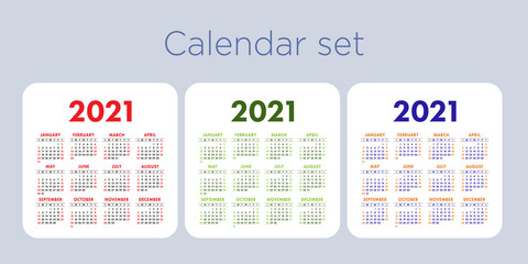 Calendar 2021 year set. Vector pocket or wall calender template collection. Simple color design. Week starts on Sunday