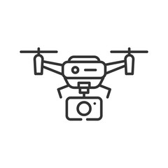 Drone with camera automatic unmanned control black line icon. Aircraft device concept. Video surveillance from a quadcopter, shots from a height. Sign for web page, mobile app, social media.