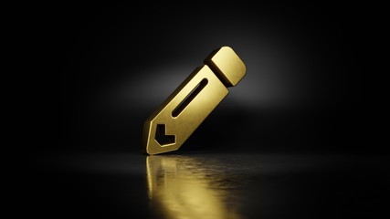 gold metal symbol of pencil alt 3D rendering with blurry reflection on floor with dark background
