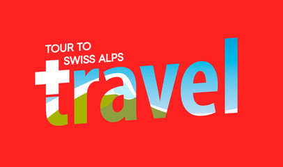 Swiss Alps travel label, Tour to Alpine Mountains - Vector Logo isolated on red background.