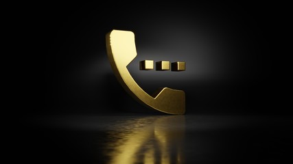 gold metal symbol of phone 3D rendering with blurry reflection on floor with dark background