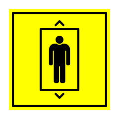 Lift. Man in elevator. Square black sign on yellow background. Vector illustration. - 315059194