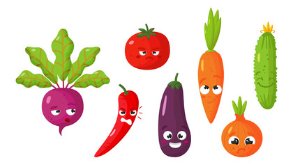 Vector set of cartoon images of various funny isolated vegetables on a white background. Emoticons, emojis, character.