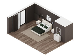 Bedroom with dark walls and bright furniture. Orthogonal projection. View from above. 3D rendering.