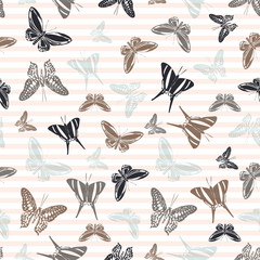 Flying butterfly silhouettes over striped background vector seamless pattern.