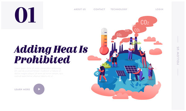 Global Warming Website Landing Page. Tiny Characters Care of Plants on Earth, Factory Pipes Emitting Co2 Gas Smoke, Thermometer Show High Temperature Web Page Banner. Cartoon Flat Vector Illustration
