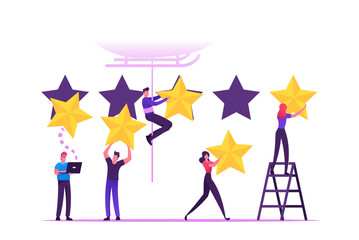 Customer Review and Rating Concept. People Put Huge Golden Stars into Holes, Man Hanging on Rope from Helicopter Leaving Feedback. Clients Evaluate Service Technology. Cartoon Flat Vector Illustration