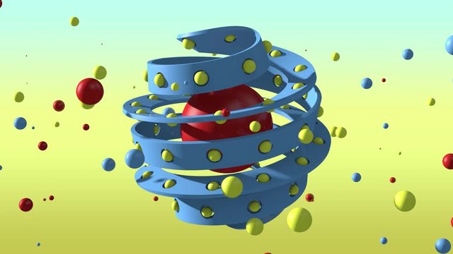 3D animation of a blue spiral twisted into a Mobius ribbon with holes on the surface and a lot of small balls. Spheres fly in space, abstractly. 4K abstract 3D animation.