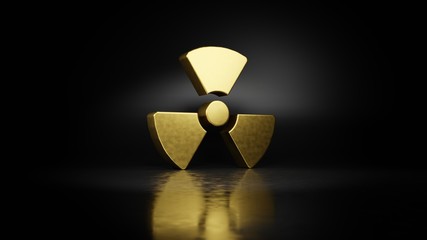 gold metal symbol of radiation 3D rendering with blurry reflection on floor with dark background