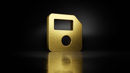 gold metal symbol of save 3D rendering with blurry reflection on floor with dark background