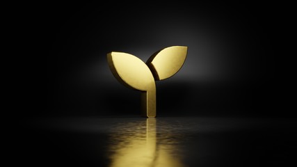 gold metal symbol of seedling 3D rendering with blurry reflection on floor with dark background