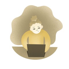 Girl working on laptop, typing text, lloking on the screen. Beige and yellow pastel colors. 