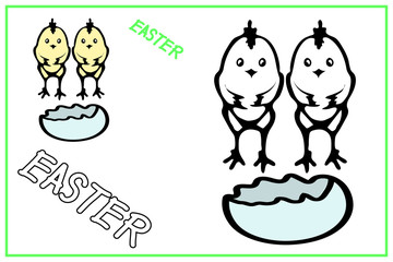 Coloring book page 7 for little preschoolers. Outline drawing of 2 chickens of twin twins just emerged from an egg. Newborn. An example of coloring in smaller sizes. Easter text. Vector