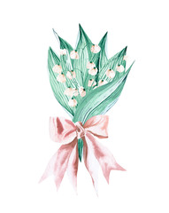 Watercolor isolated bouquet with lilly of the valley spring flower. Tender romantic floral clipart for easter, wedding or engagement