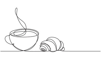 Cup and croissant. Coffee, tea. Vector sketch. Continuous line drawing. Hot drink and pastries.