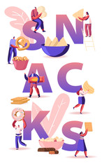 People Eating Snacks Concept. Tiny Male and Female Characters Enjoying Different Dry Appetizers Pretzel Biscuits Chips Sweets and Donuts Poster Banner Flyer Brochure. Cartoon Flat Vector Illustration
