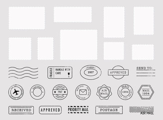 Set of postage stamps collection and post marks. Vector illustration.