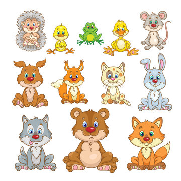 Set of cute funny animals.  In cartoon style. Isolated on white background.  Vector illustration.