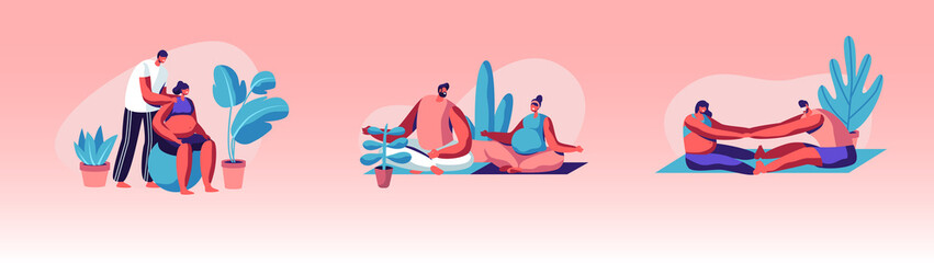 Set of Happy Couples Waiting Baby Exercising in Gym. Pregnant Female Characters with Husbands Doing Fitness Sport Activity Together. Fitball, Yoga Class, Relaxing Pose Cartoon Flat Vector Illustration