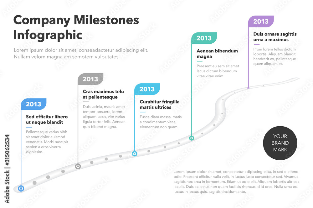 Poster Modern business infographic for curved road map timeline template with pointers. Easy to use for your website or presentation.