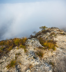 fog over the canyon. Dnister River. autumn morning in a picturesque place