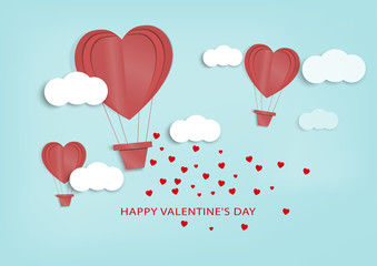 illustration of love and valentine day.paper art and digital craft style.Origami made hot air balloon flying over grass with heart float on the sky.