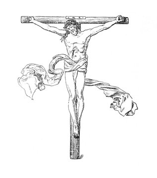 Crucifixion - calvary of Jesus Christ. Good Friday passion illustration from Brockhaus Konversations-Lexikon 1908 background