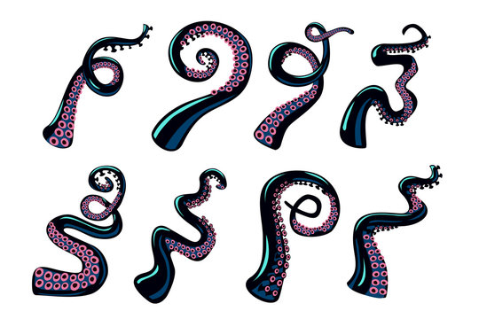 Octopus tentacles set. Vector design elements collection on isolated white background. Cartoon style color clip art.