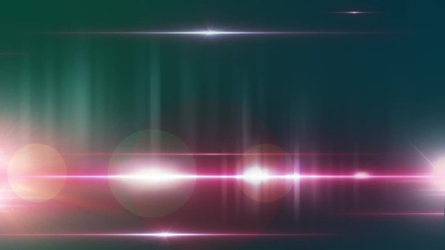 Lens flare light and string of bright glows moving orizontal over black black background.