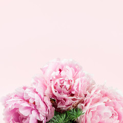 Very beautiful bouquet of flowers from peonies decorated with coniferous branches, winter-spring plants close-up. Holiday concept. Flowers for Mother's Day. Copy space.