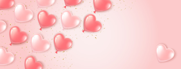 Horizontal banner with pink heart-shaped balloons on a pink background. Romantic realistic illustration for Valentine s Day and International Women s Day. Vector.