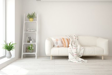 Obraz premium Stylish room in white color with sofa. Scandinavian interior design. 3D illustration