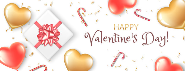 Poster in red and gold balloons in the shape of a heart. Gift boxes with bows and candy canes. Romantic realistic illustration for Valentine s Day and International Women s Day. Vector.