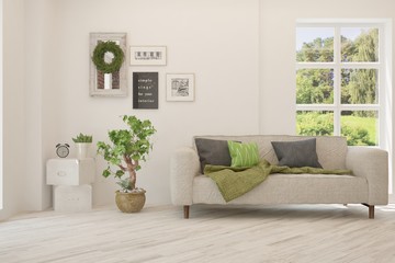 Stylish room in white color with sofa and summer landscape in window. Scandinavian interior design. 3D illustration